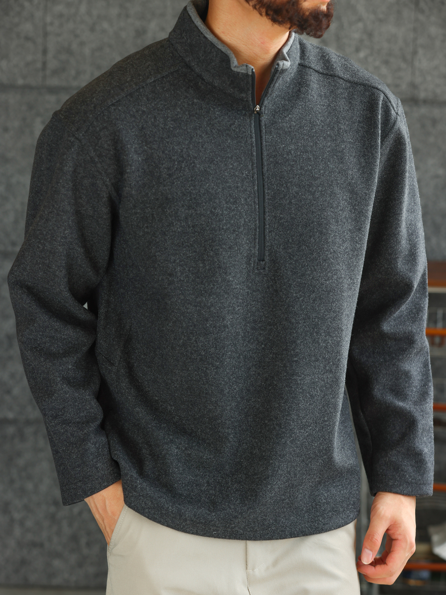 【紳士型格】絨面立領長袖POLO衫男士重磅棉質半拉鍊衛衣