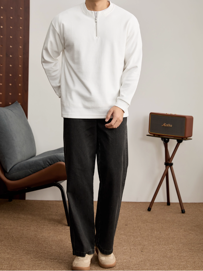 簡約百搭半拉鍊立領白T恤衫男士立體編織肌理感長袖針織衛衣