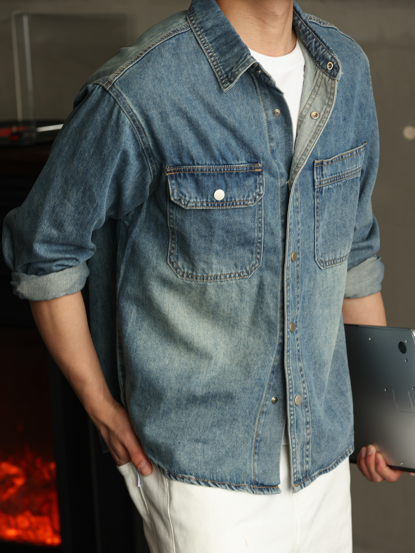 【智性通勤】天丝莱赛尔长袖牛仔衬衫男口袋衬衣秋季外套