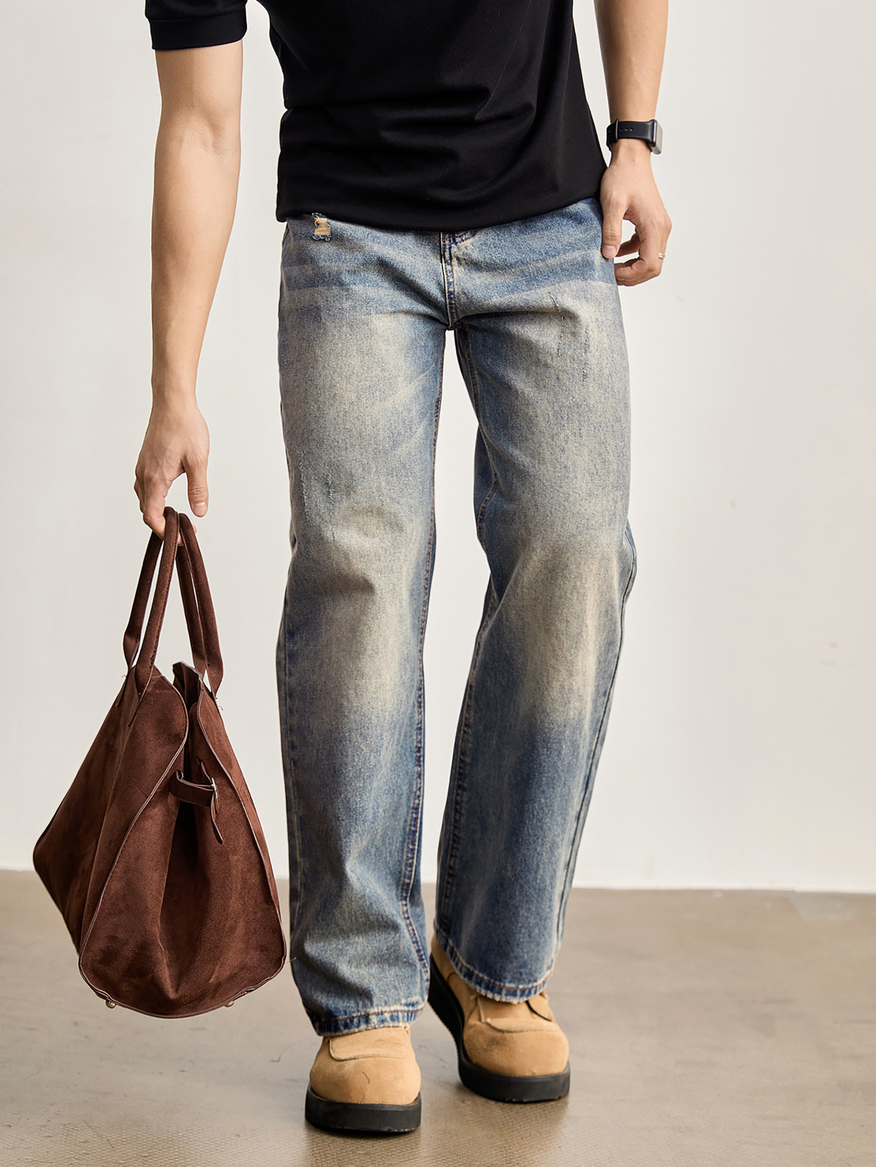 做舊水洗磨白貓須刮破牛仔褲男直筒微錐版型cleanfit長褲子