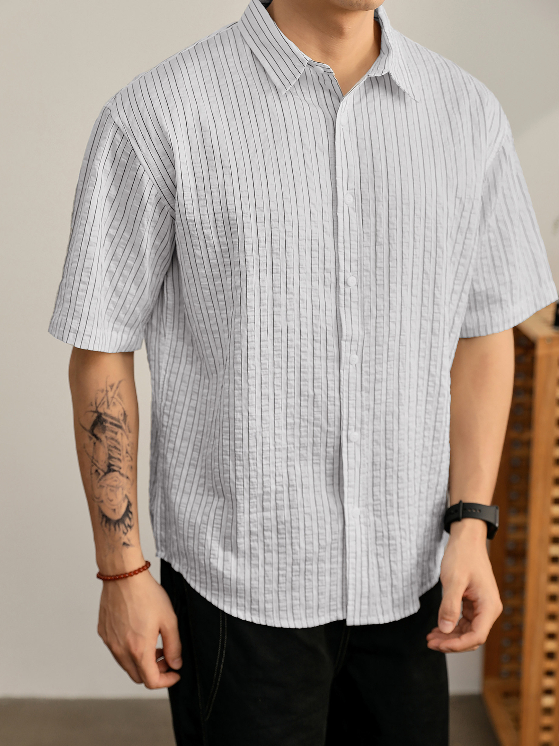 夏季男士宽松落肩条纹衬衫天丝莱赛尔微皱泡泡肌理薄款衬衣