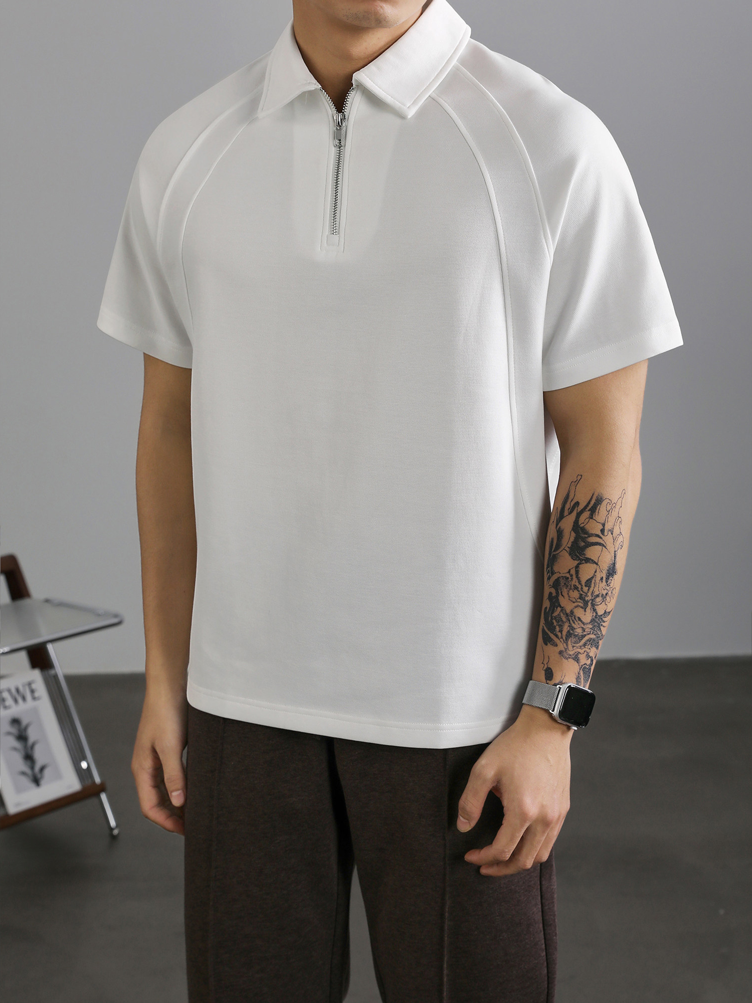半拉鍊短袖Polo衫男款夏季寬鬆重磅插肩袖T恤輕熟風翻領上衣