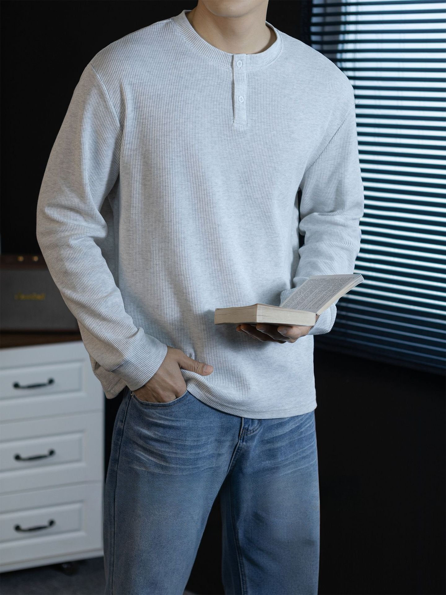 240G華夫格織紋透氣男士亨利領長袖T桖春秋商務復古寬鬆落肩上衣