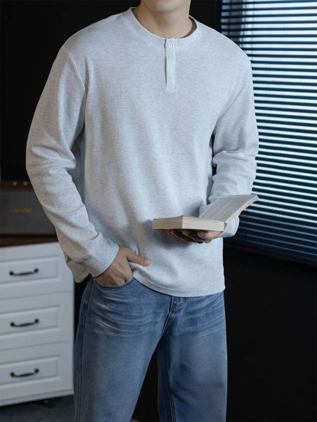 240G華夫格織紋透氣男士亨利領長袖T桖春秋商務復古寬鬆落肩上衣