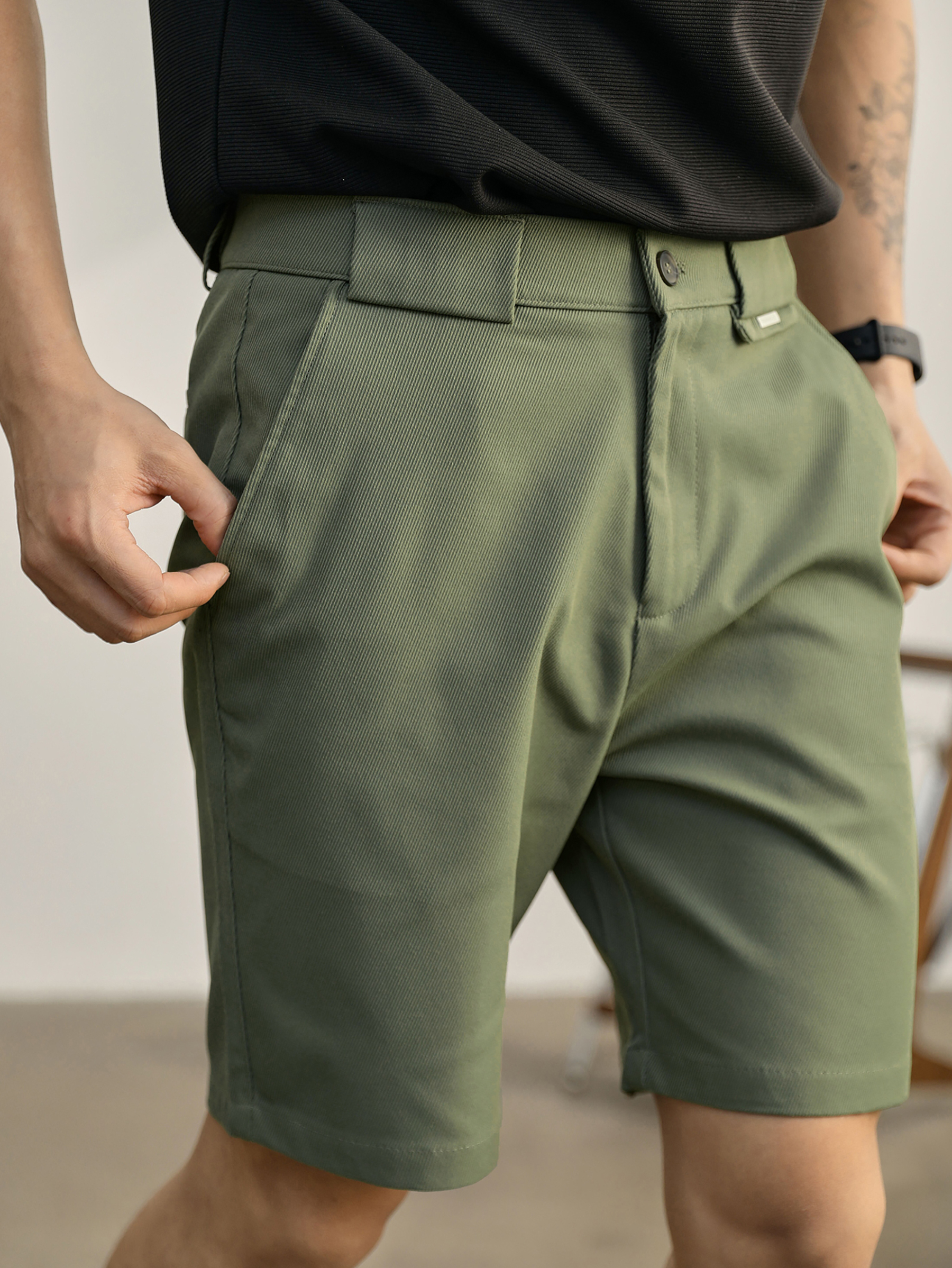 輕奢復古感合體小直筒短褲男夏裝百搭半鬆緊腰褲子立體中褲