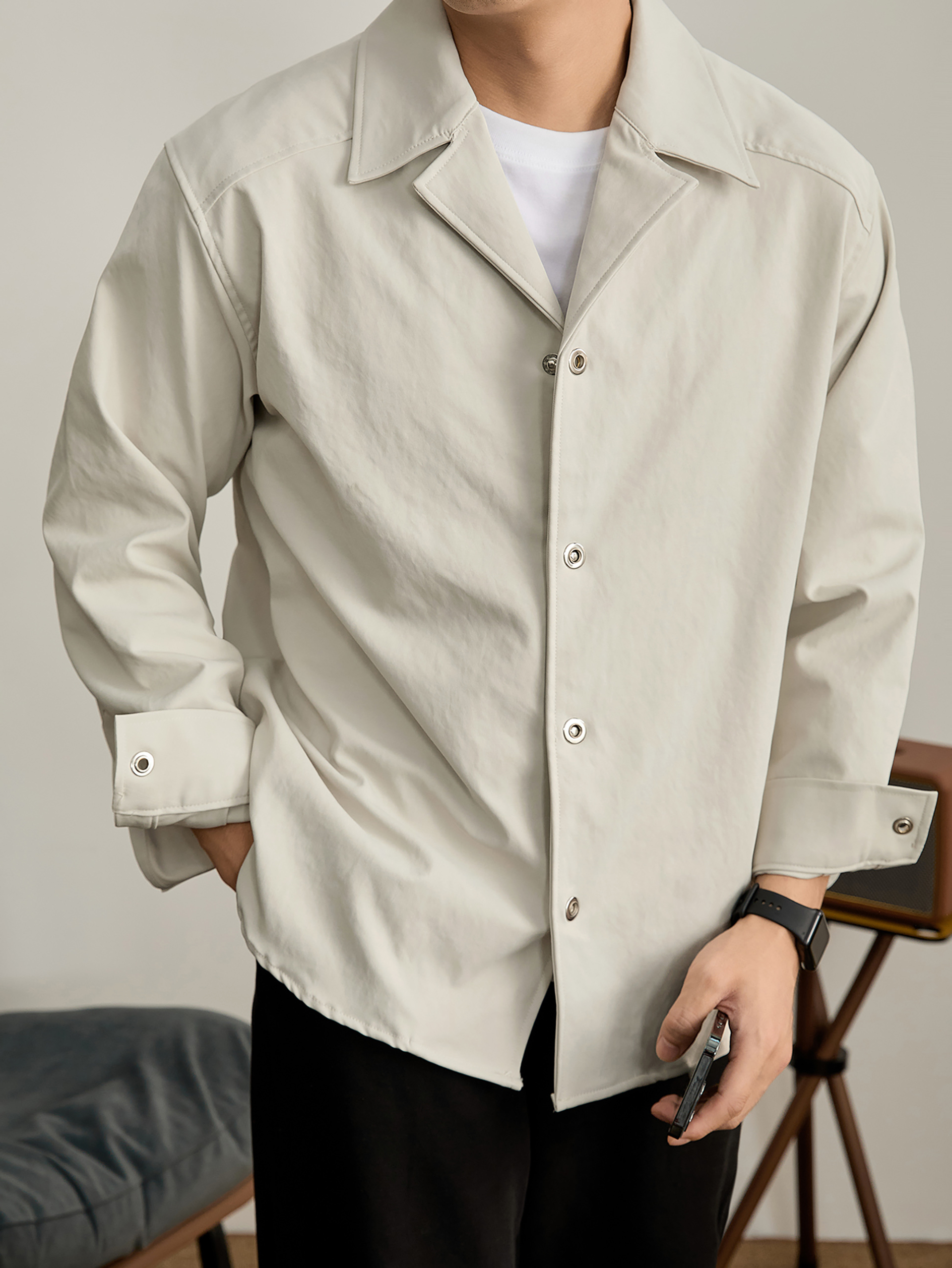 秋冬季男士防風保暖古巴領襯衫夾克簡約純色單排扣風衣外套