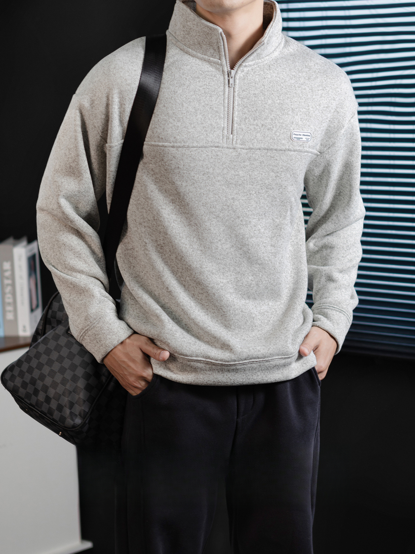 360G重磅加厚毛織絨半拉鍊立領衛衣男老錢風冬季保暖拼接設計上衣