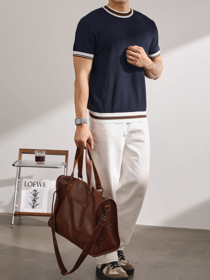 輕熟風氣質韓版短袖針織衫復古撞色條品質冰爽絲潮男T恤上衣