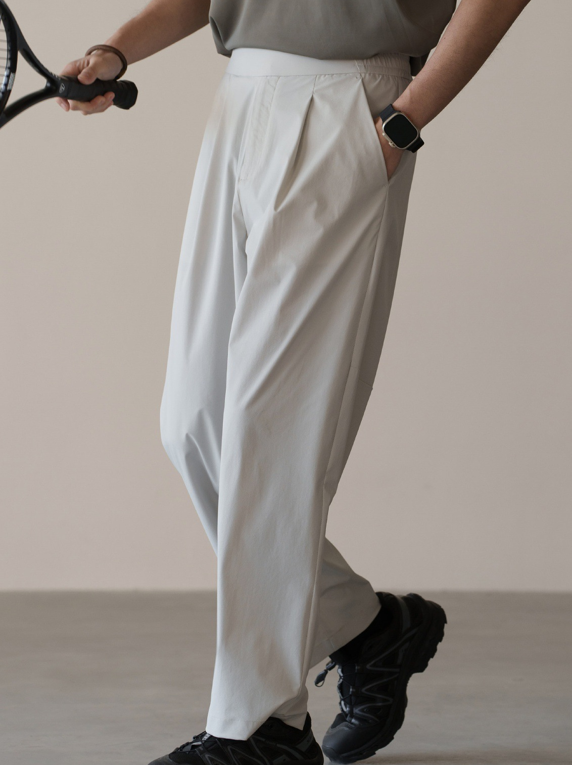 格雷系鬆緊腰雙褶耐磨休閒褲男春季易打理新款寬鬆直筒闊腿褲