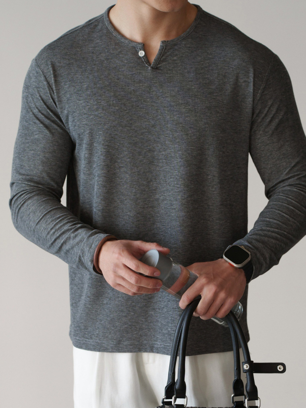 萊賽爾混紡小V領半開襟長袖T恤男士2026春季新款雲感親膚上衣