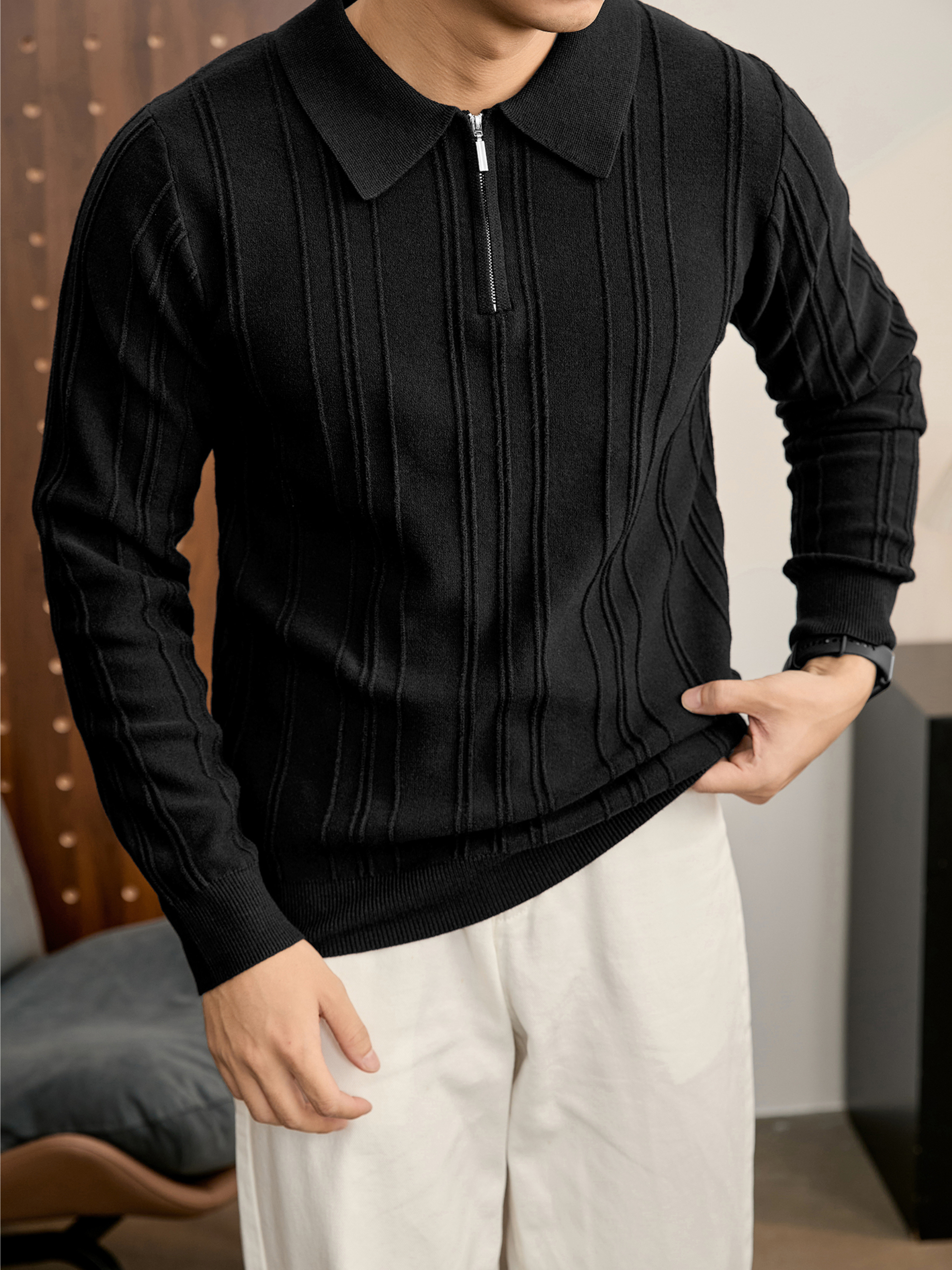 復古老錢半拉鍊翻領針織衫男秋冬豎紋肌理提花抗起球POLO衫