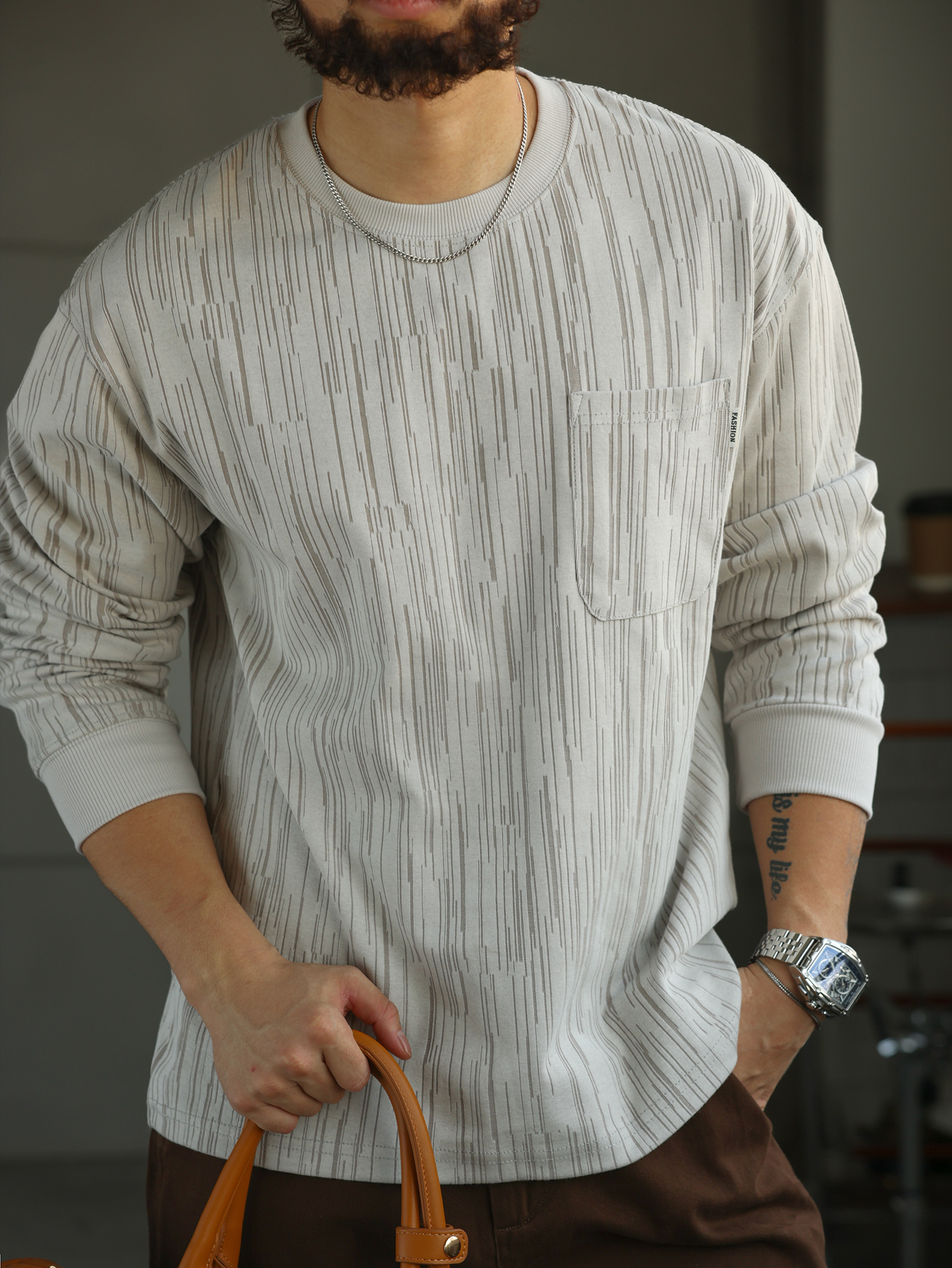 【布魯克林記憶】300g肌理質感長袖T恤男士圓領休閒上衣