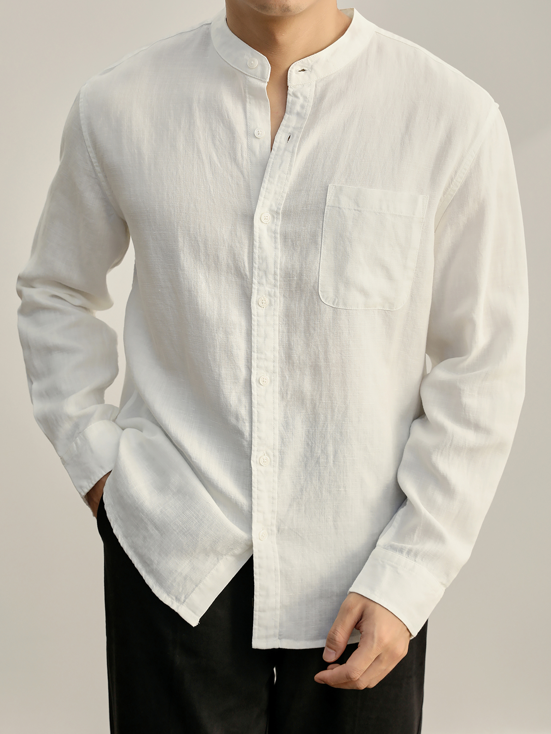 輕奢沉穩老錢口袋款襯衣天絲亞麻休閒長袖復古中式立領襯衫