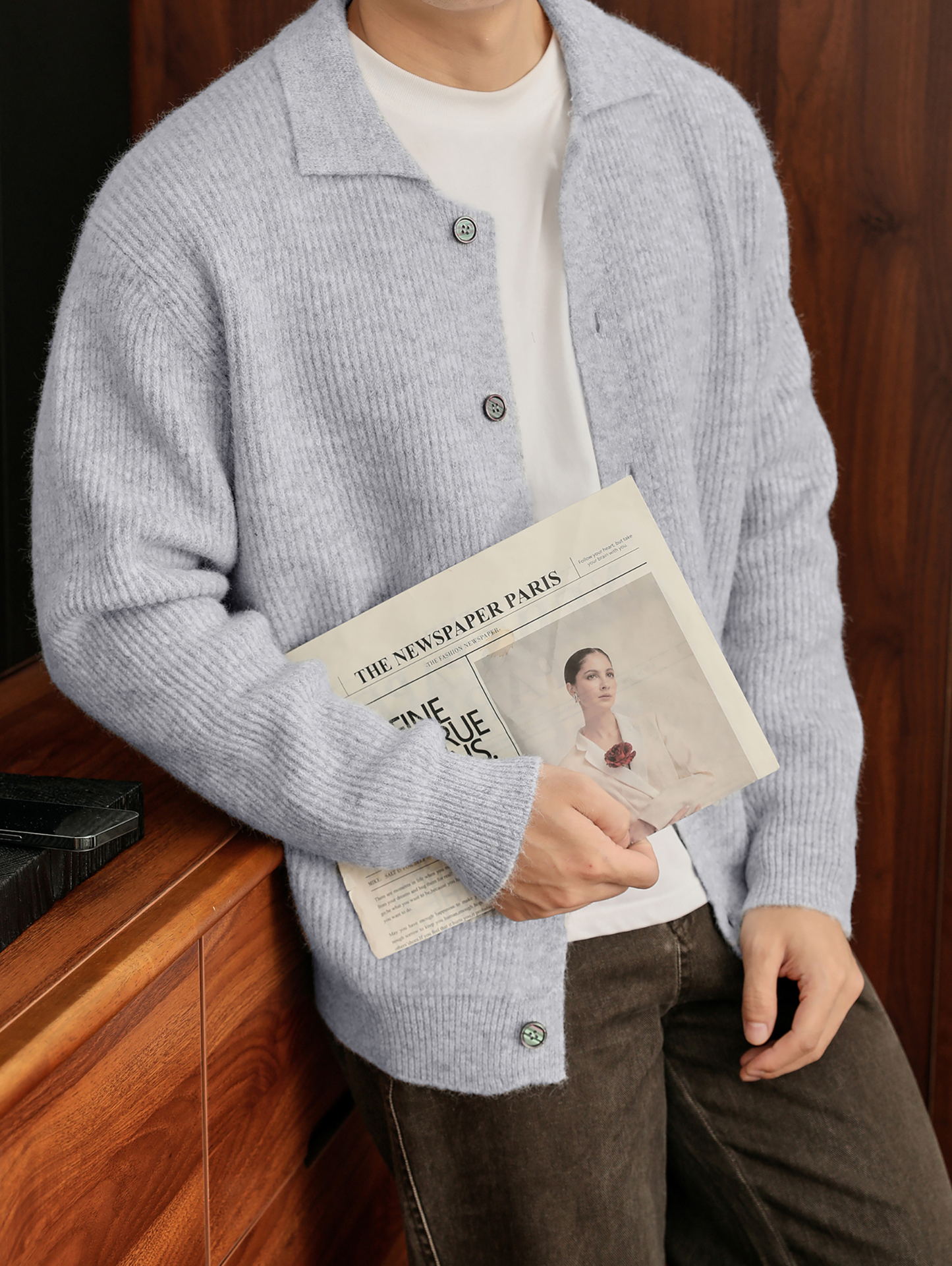 羊毛混紡老錢風翻領針織開衫男簡約休閒混花色毛衣外套秋冬