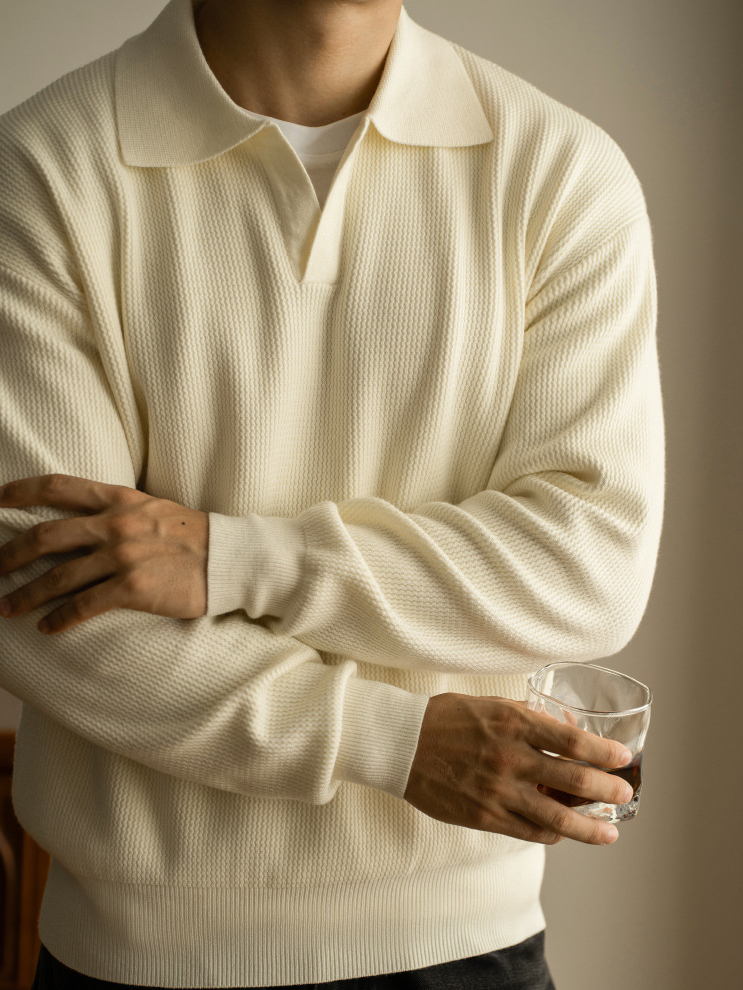 老錢風海鷗領長袖POLO針織衫男士2025秋冬老錢風14針保暖休閒毛衣