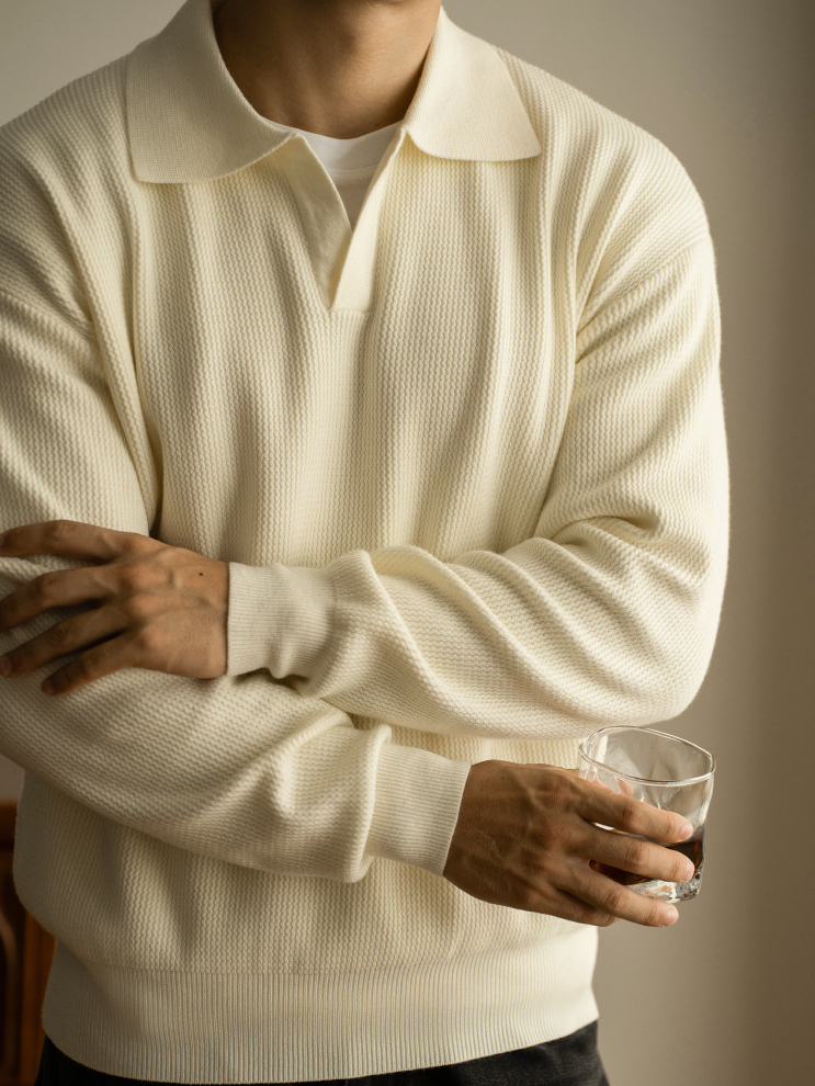 老錢風海鷗領長袖POLO針織衫男士2025秋冬老錢風14針保暖休閒毛衣