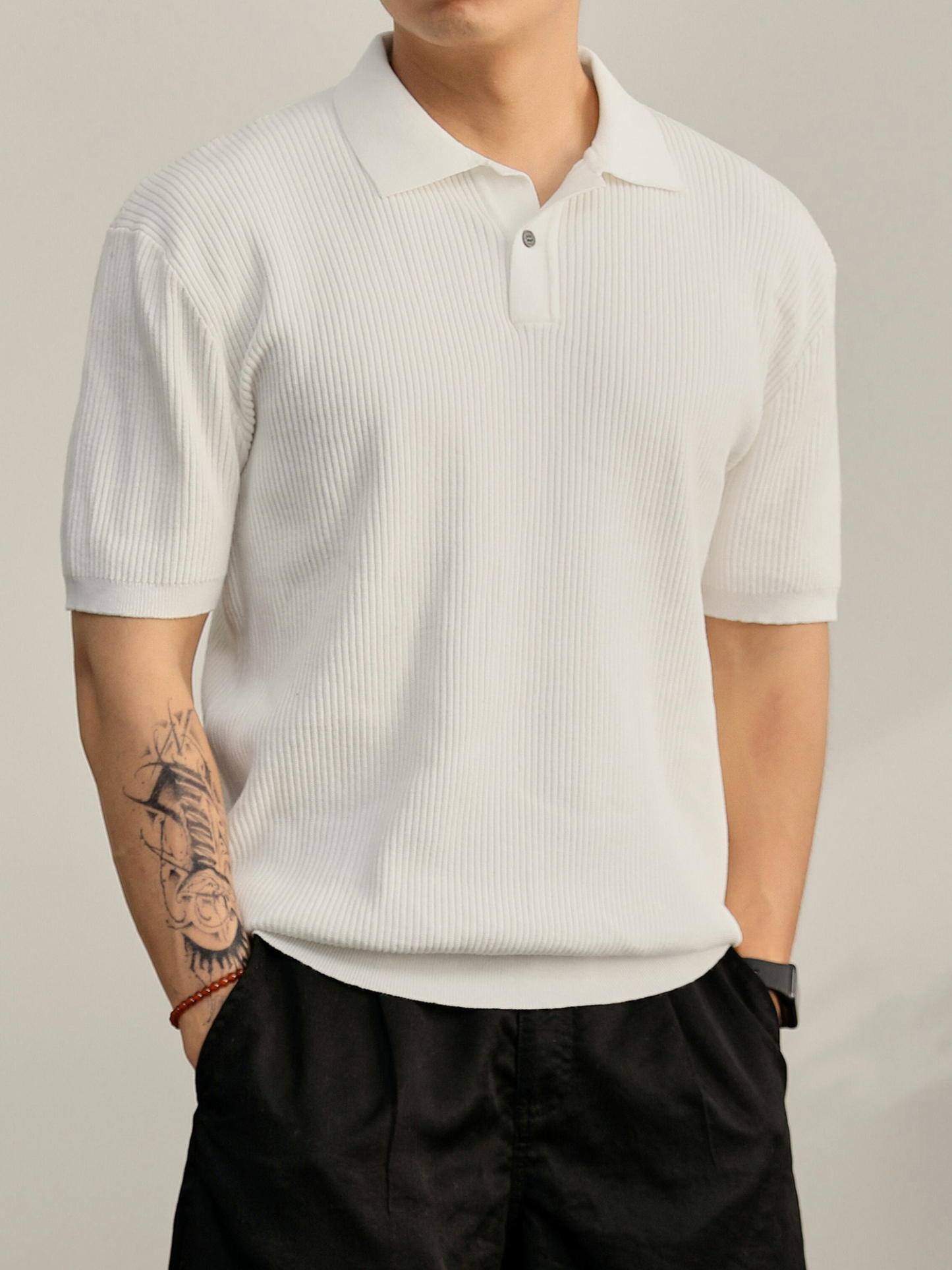 老錢輕熟風夏季涼感坑條肌理感針織POLO衫男士半拉鍊翻領T恤