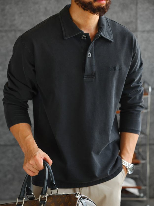 【智性通勤】水洗牛仔質感針織長袖POLO衫男紳士翻領T恤