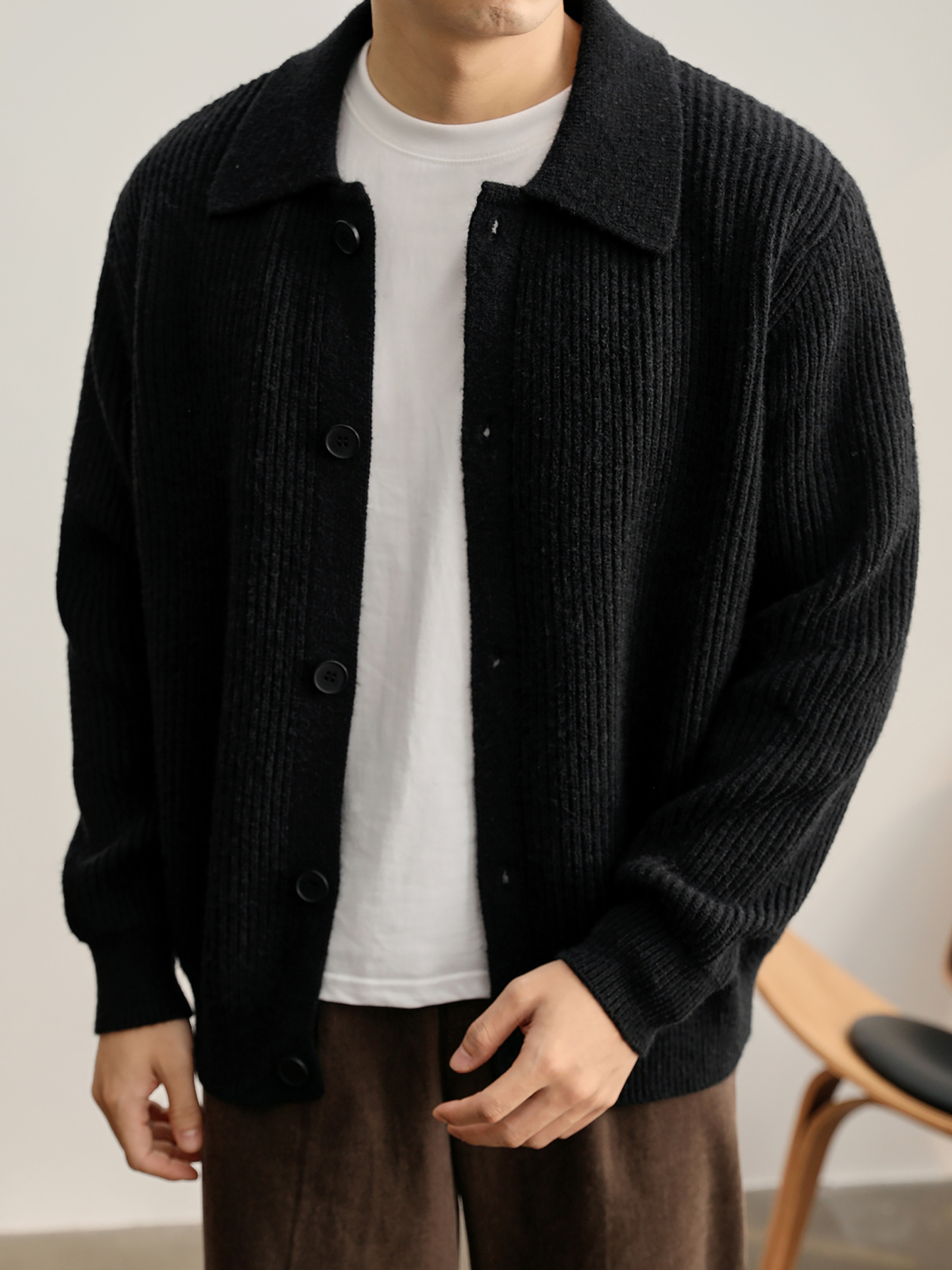 慵懒风坑条肌理感翻领针织开衫毛衣男秋冬简约cleanfit外套