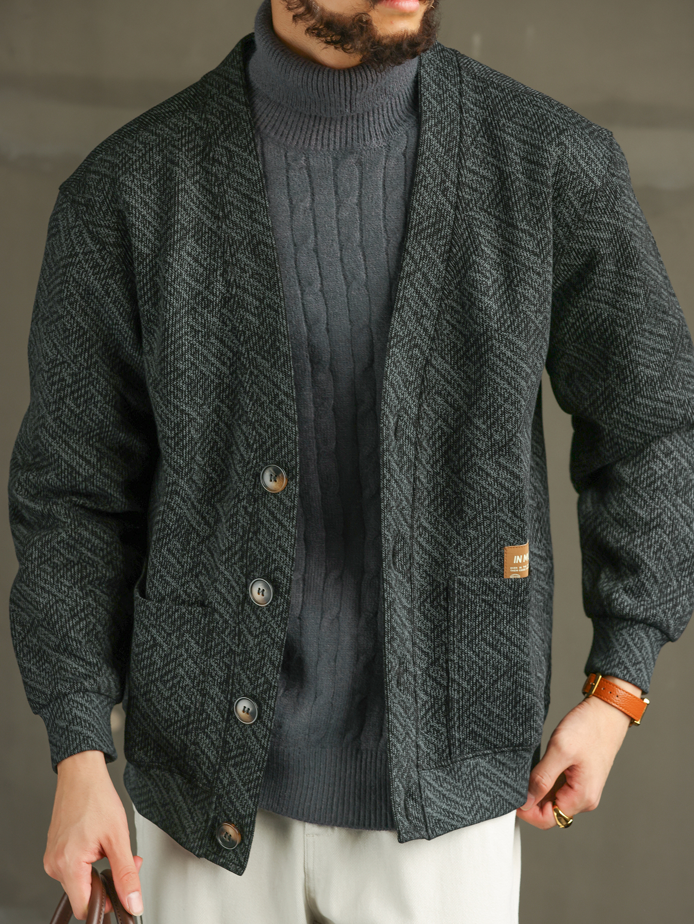 【質感通勤】慵懶鬆弛無領開衫衛衣男秋冬休閒針織衫外套