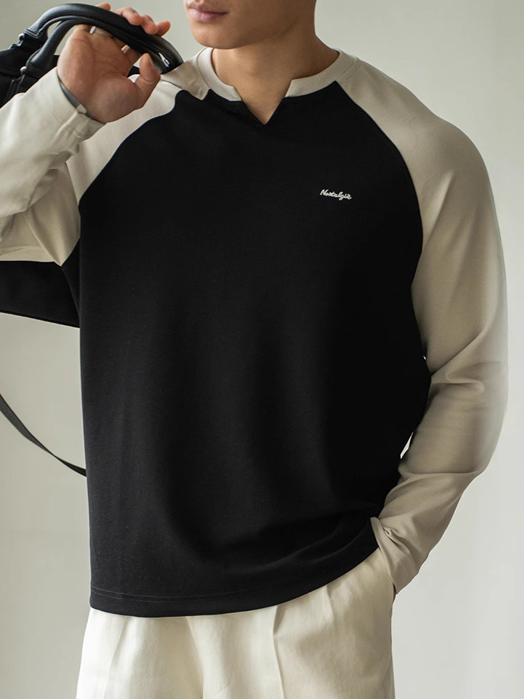 美式運動小V領撞色落肩袖寬鬆衛衣男士春季打底健身長袖T恤