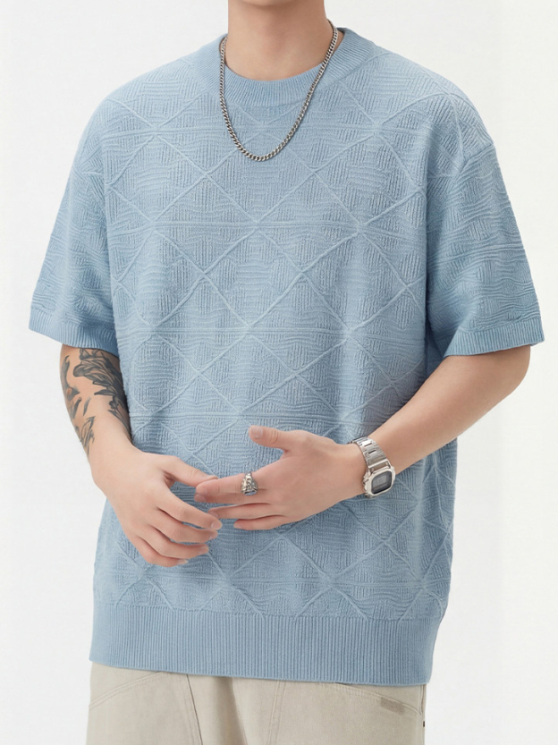 男士薄款春夏新款針織老錢風男短袖網格透氣超薄日系復古亞麻T恤