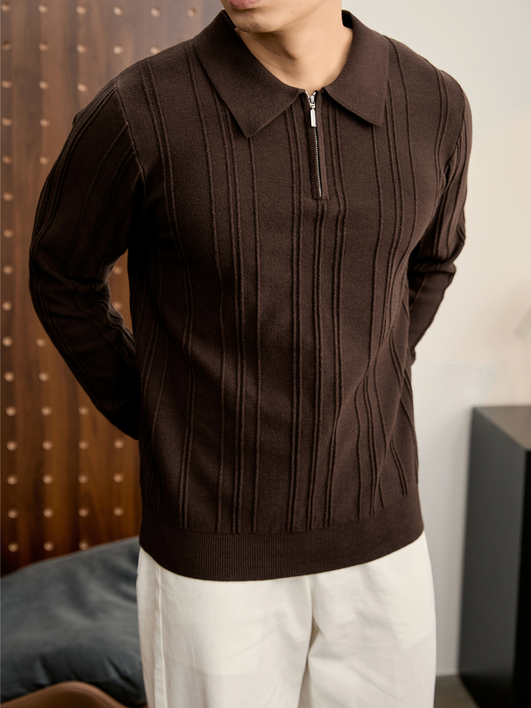 復古老錢半拉鍊翻領針織衫男秋冬豎紋肌理提花抗起球POLO衫