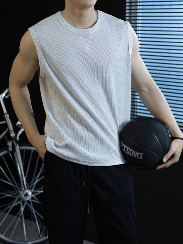 【極簡三角設計】240g華夫格肌理無袖背心男夏季舒適抗菌坎肩t桖