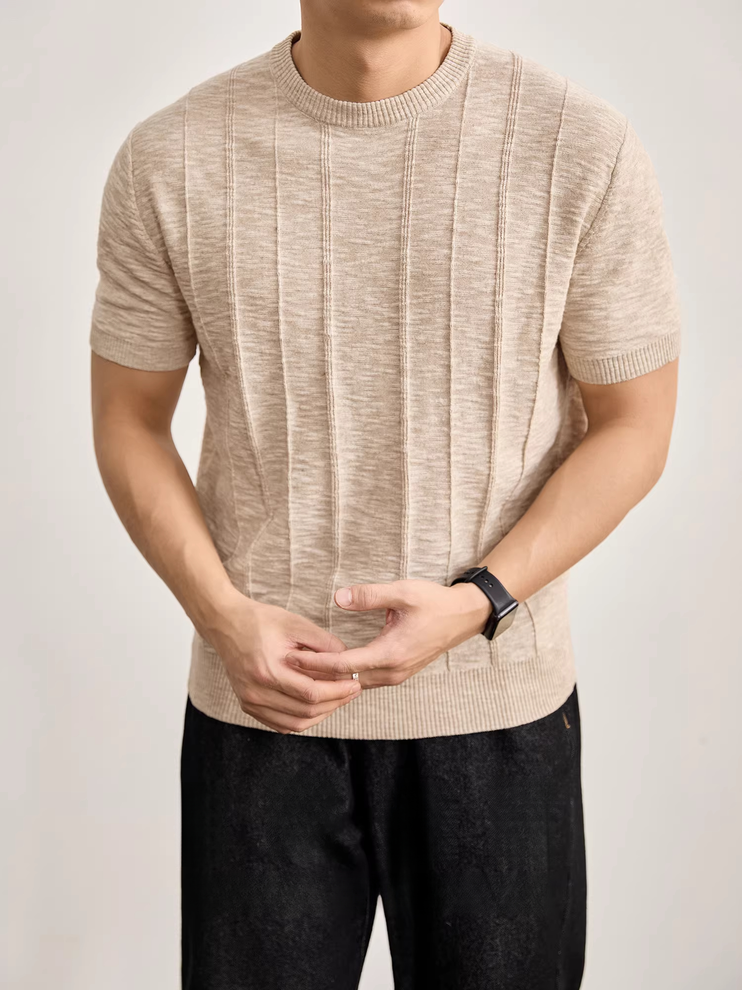 夏季男士豎條肌理感針織棉麻短袖T恤衫花紗混色亞麻圓領上衣