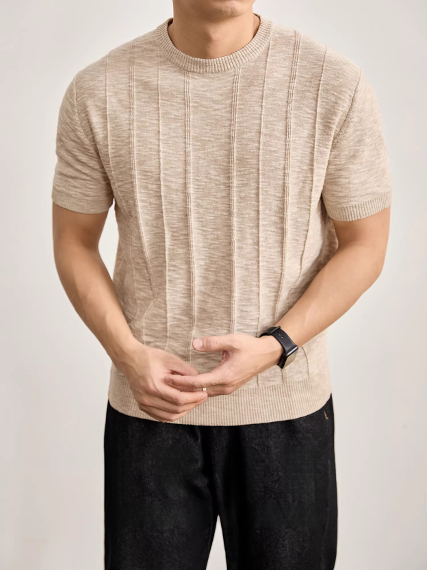夏季男士豎條肌理感針織棉麻短袖T恤衫花紗混色亞麻圓領上衣