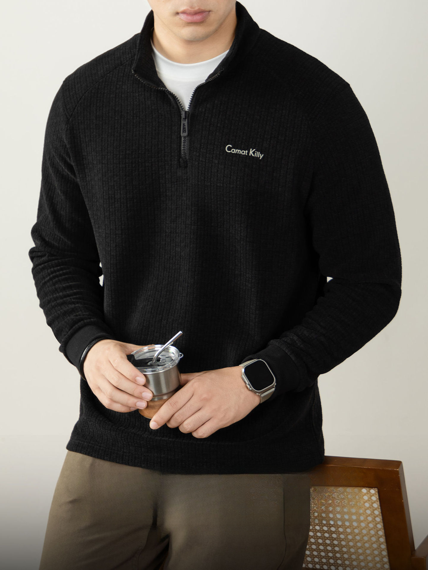 【奢暖黑科技】遠紅外抗菌羊毛桑蠶絲半拉鍊立領衛衣男士秋冬保暖