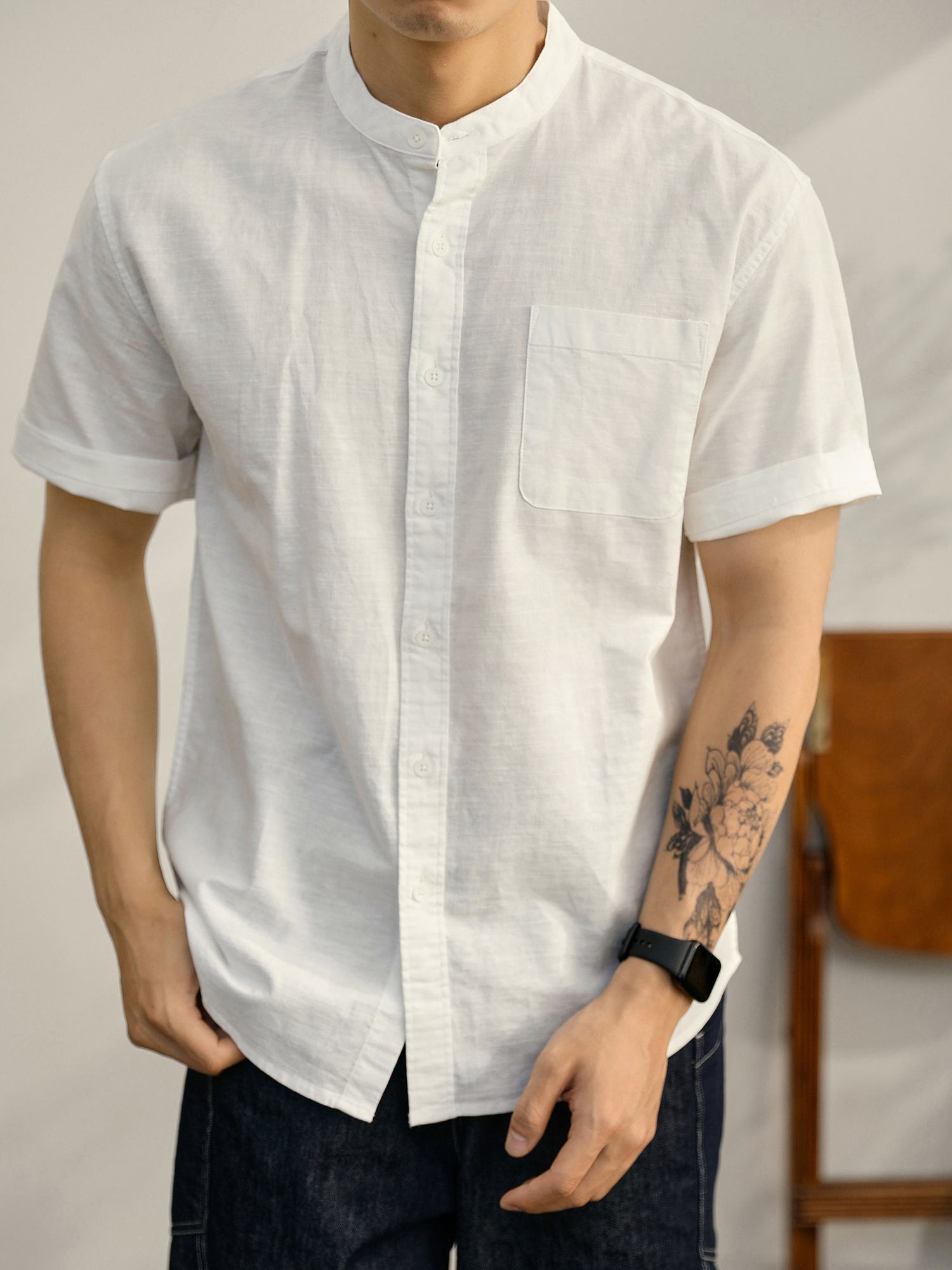 新中式透氣亞麻中山領襯衫白色口袋款襯衣薄款無領男短袖襯衫