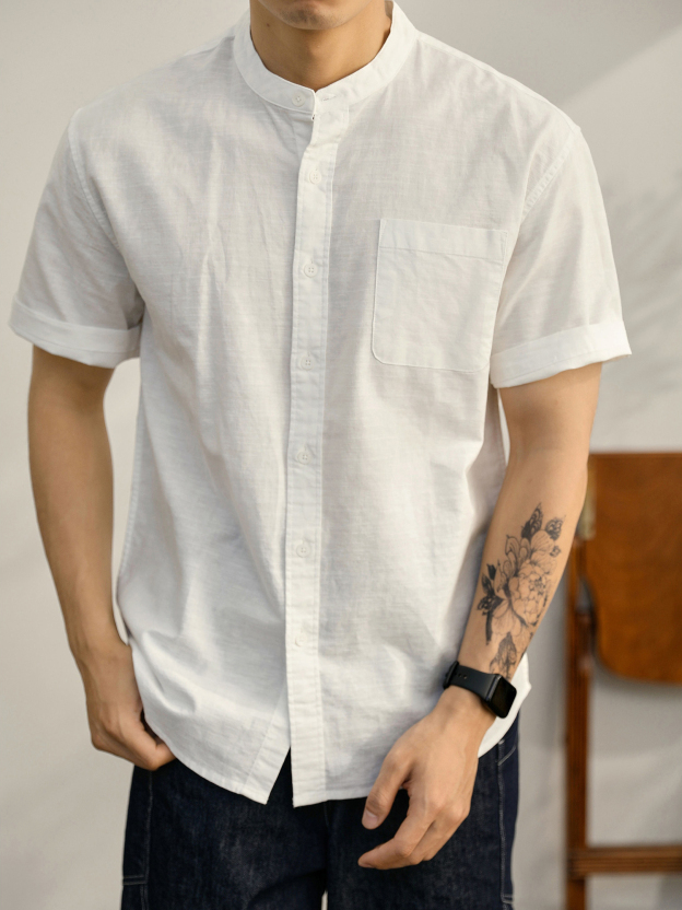 新中式透氣亞麻中山領襯衫白色口袋款襯衣薄款無領男短袖襯衫