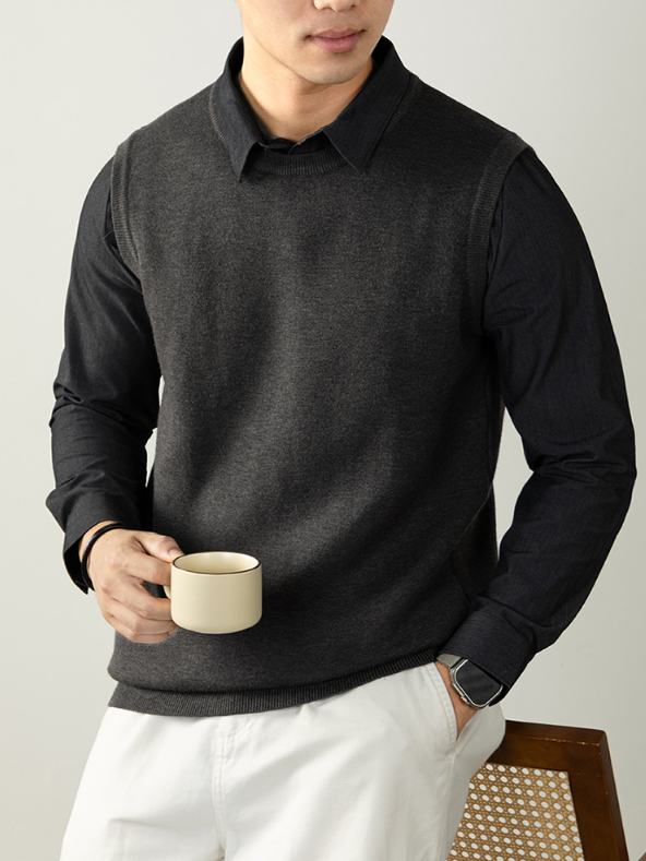 【澳羚一體絨】襯衫領加絨加厚假兩件針織衫男士冬季商務通勤毛衣