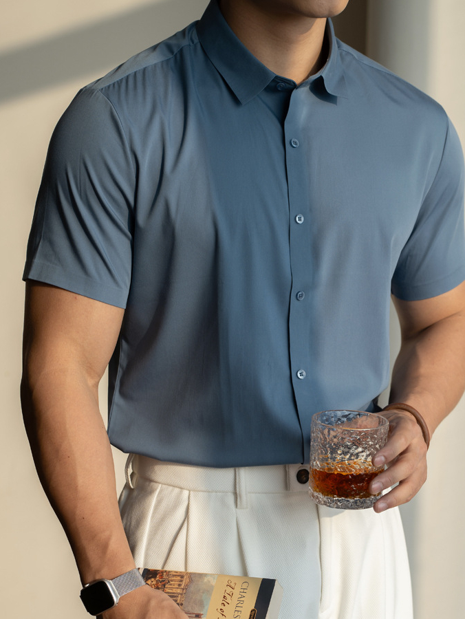 易打理免燙無痕冰絲白色襯衫男士2025春夏新款涼感短袖休閒襯衣