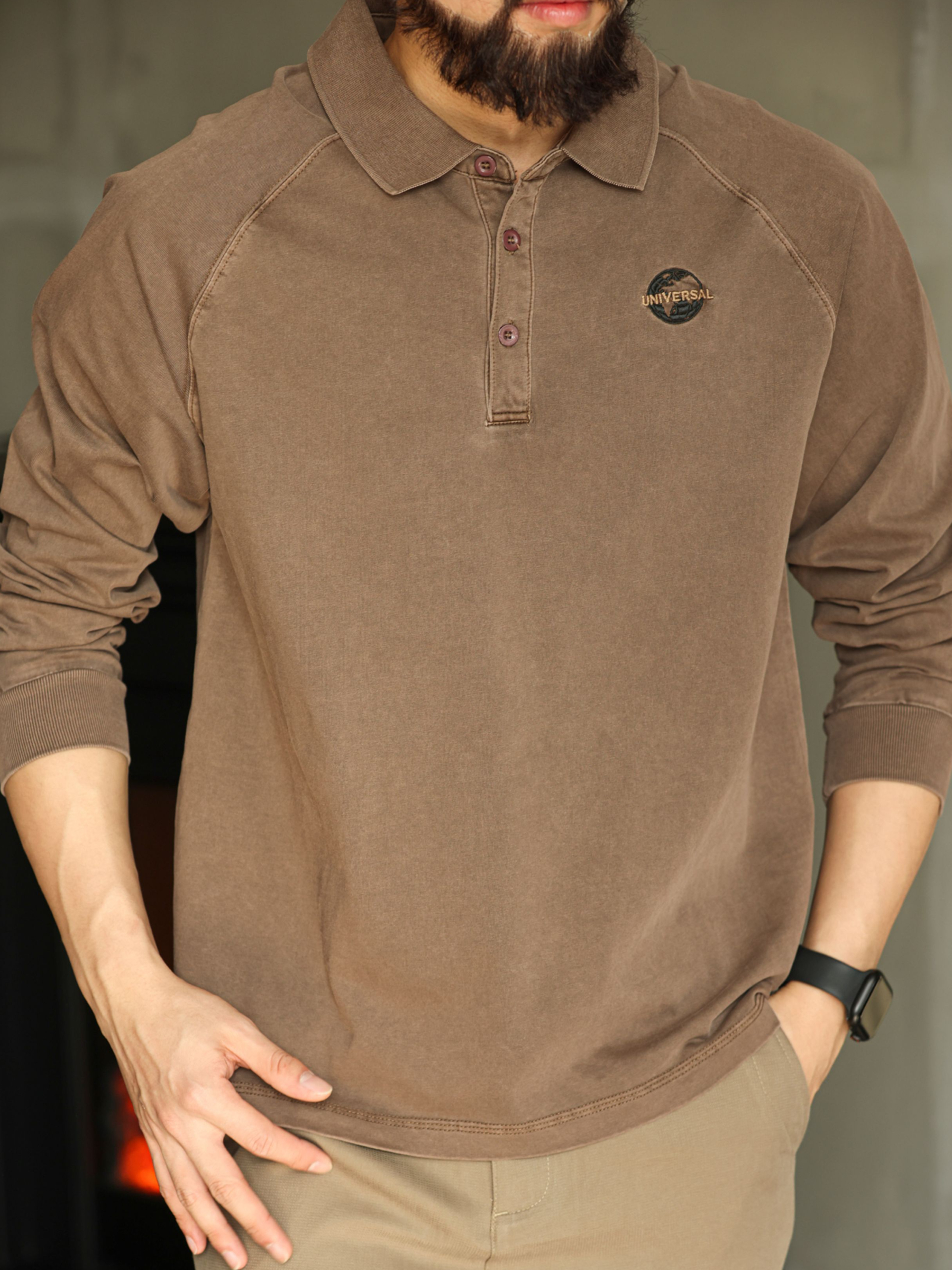 美式復古重磅250g洗水做舊長袖t恤男寬鬆插肩針織polo衫刺繡新款