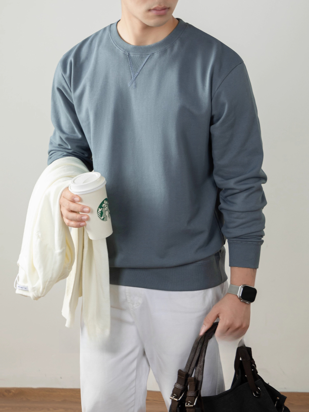 340g重磅純棉衛衣男2025秋冬新款寬鬆厚實長袖t恤純色日系打底衫