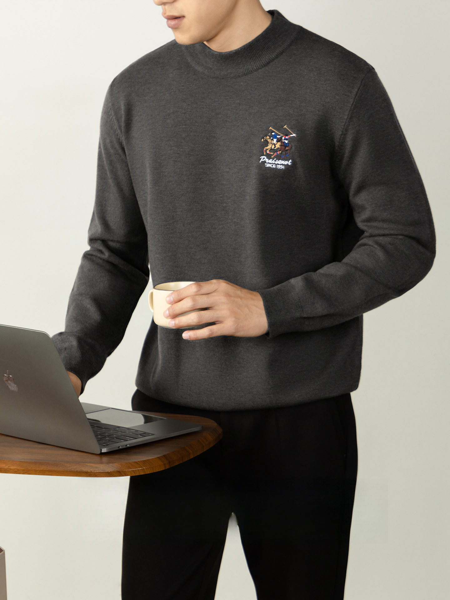 【羊毛莫代爾】馬球刺繡加厚毛衣男冬季保暖半高領舒適打底針織衫