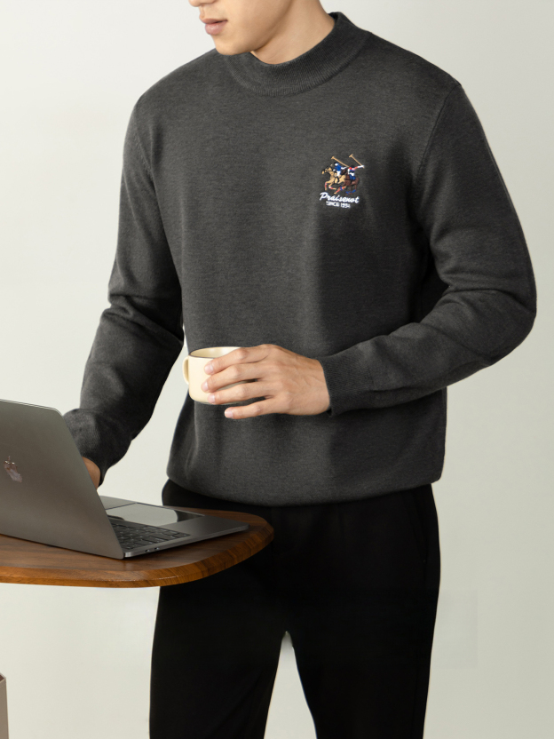 【羊毛莫代爾】馬球刺繡加厚毛衣男冬季保暖半高領舒適打底針織衫