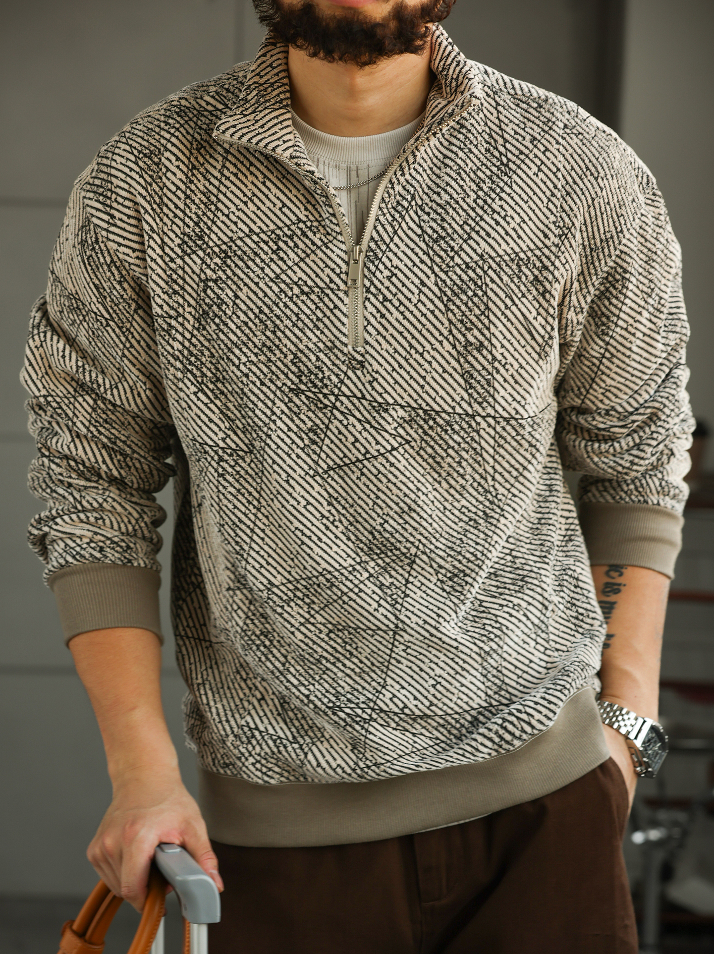 【局外着装】轻奢提花长袖POLO衫男士半拉链翻领针织卫衣