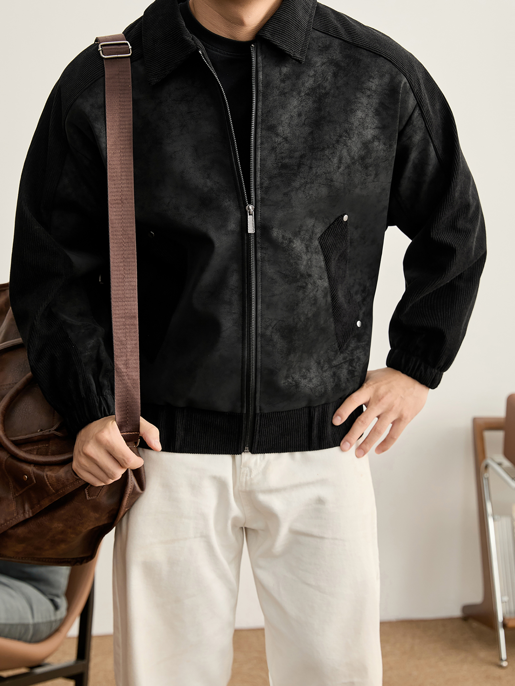 個性潮牌鉚釘拼接式設計PU防風外套燈芯絨插肩袖拼接夾克男