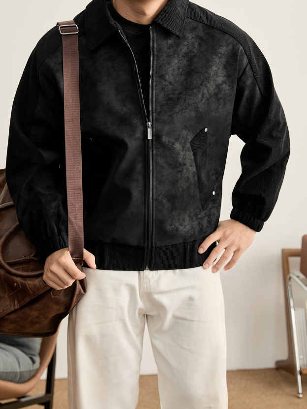 個性潮牌鉚釘拼接式設計PU防風外套燈芯絨插肩袖拼接夾克男