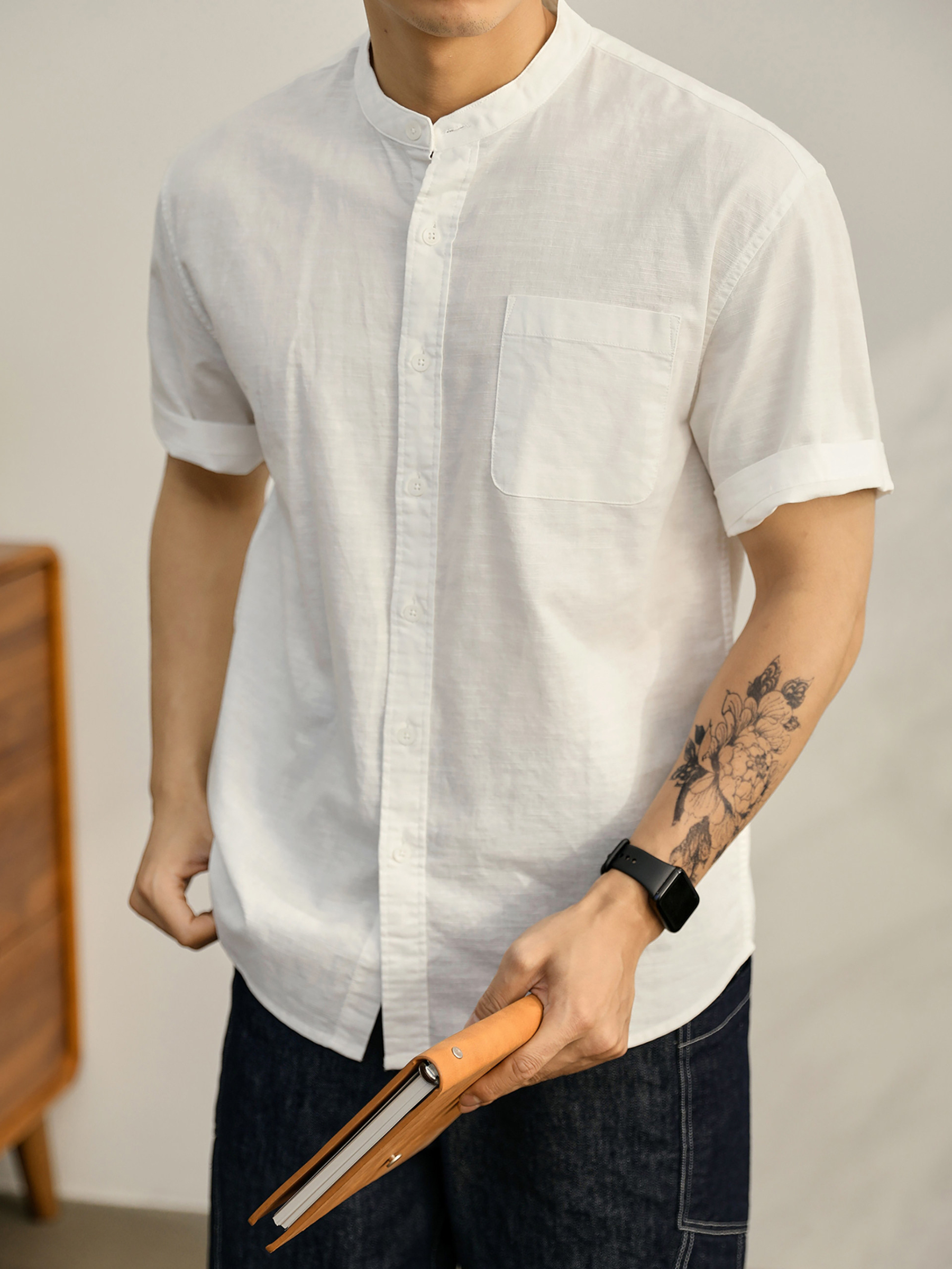 新中式透氣亞麻中山領襯衫白色口袋款襯衣薄款無領男短袖襯衫
