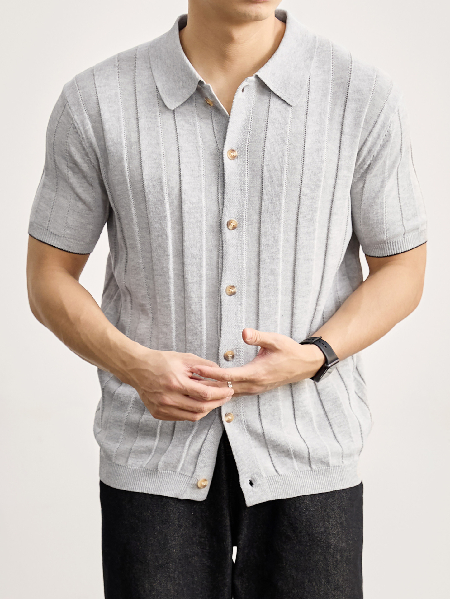 豎坑條鏤空挑孔POLO領針織開衫夏季天絲萊賽爾亞麻短袖襯衣