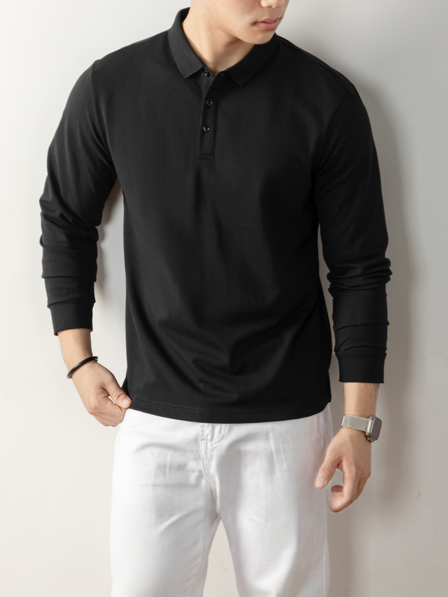 【高端系列】橫機親膚珠地男士長袖Polo衫休閒翻領T恤