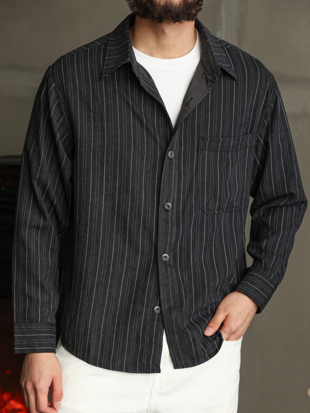 復古條紋銅氨絨抗皺長袖襯衫男夏秋季寬鬆休閒襯衣外套