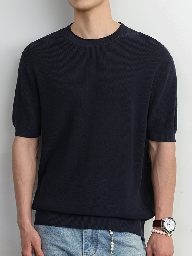 【萊賽爾亞麻】男士夏季寬鬆美式復古純色簡約通勤老錢針織短袖T恤