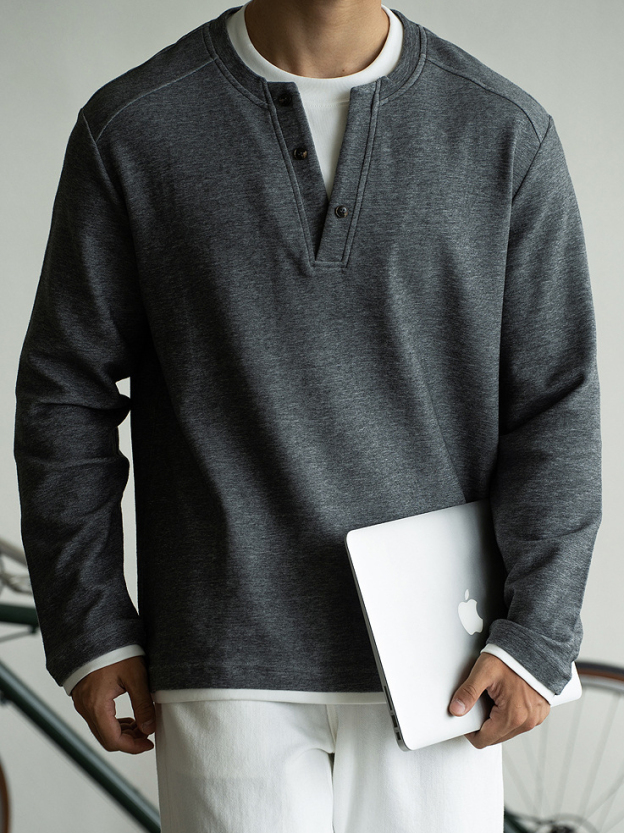 老錢風撞色V領手縫扣假兩件針織衫男2025年秋親膚休閒新款長袖T恤