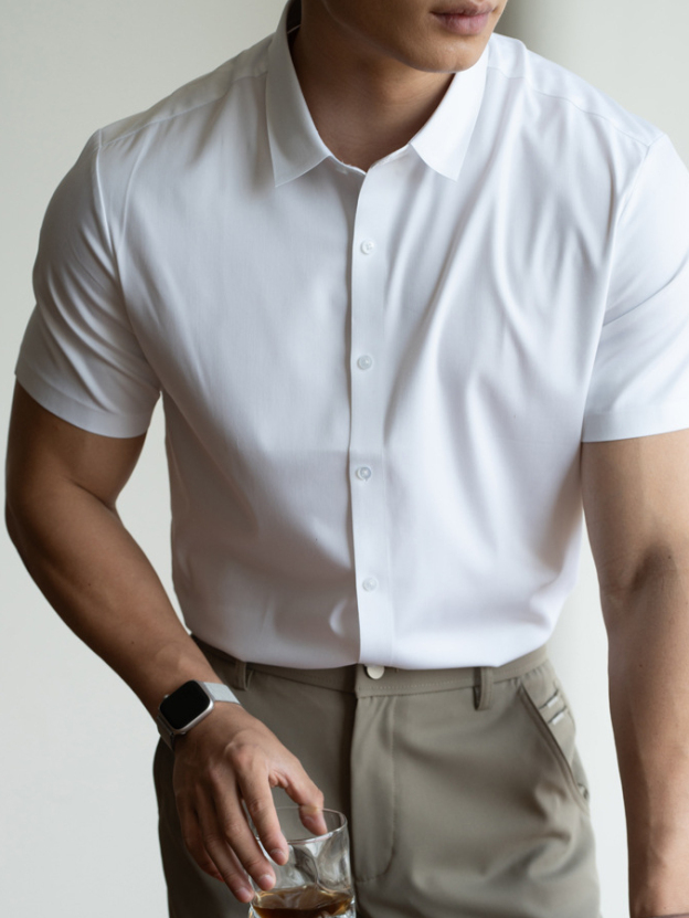 易打理免燙無痕冰絲白色襯衫男士2025春夏新款涼感短袖休閒襯衣