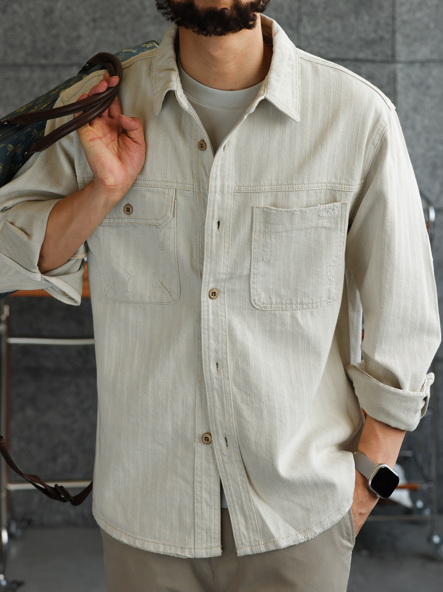 【智性通勤】純棉雙色人字紋牛仔襯衫男細膩質感休閒外套